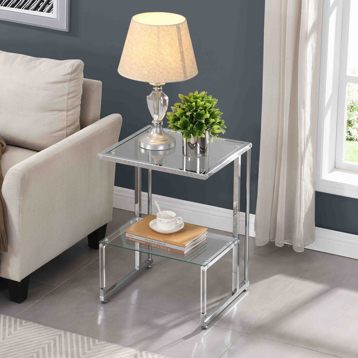 Chrome 2-Tier Acrylic Glass Top C Shape Side Table T813677