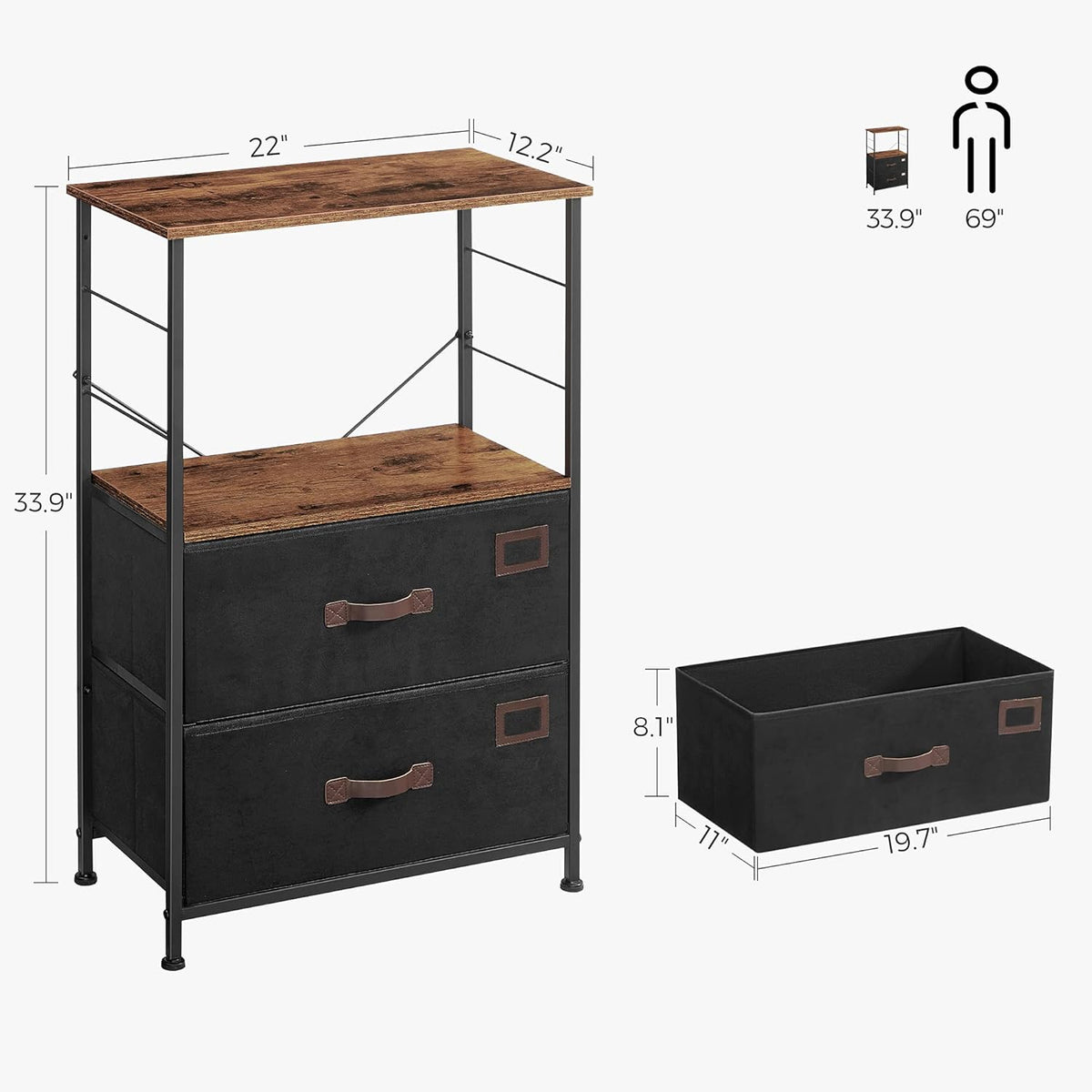 Rustic Brown Black Gray Nightstand with 2 Fabric Drawers and Wooden Top W3046