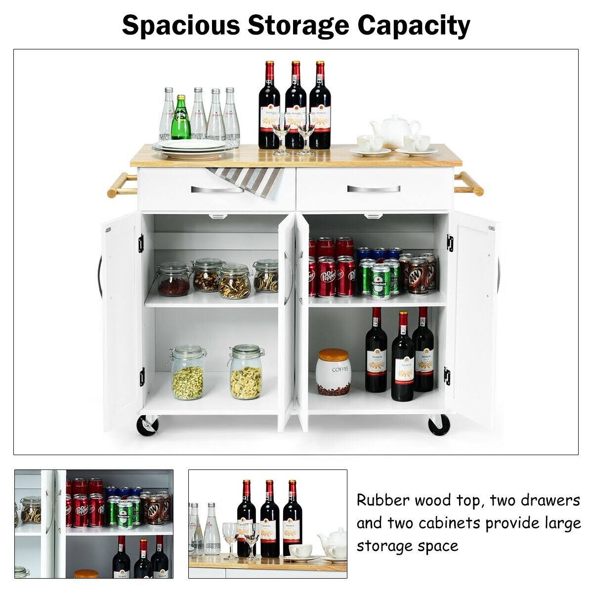 White Wood Top Rolling Kitchen Utility Cart H71671