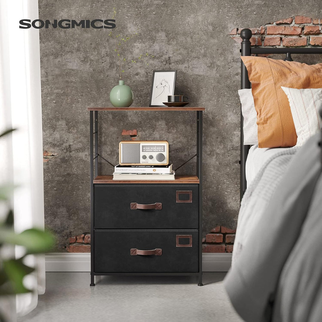 Rustic Brown Black Gray Nightstand with 2 Fabric Drawers and Wooden Top W3046
