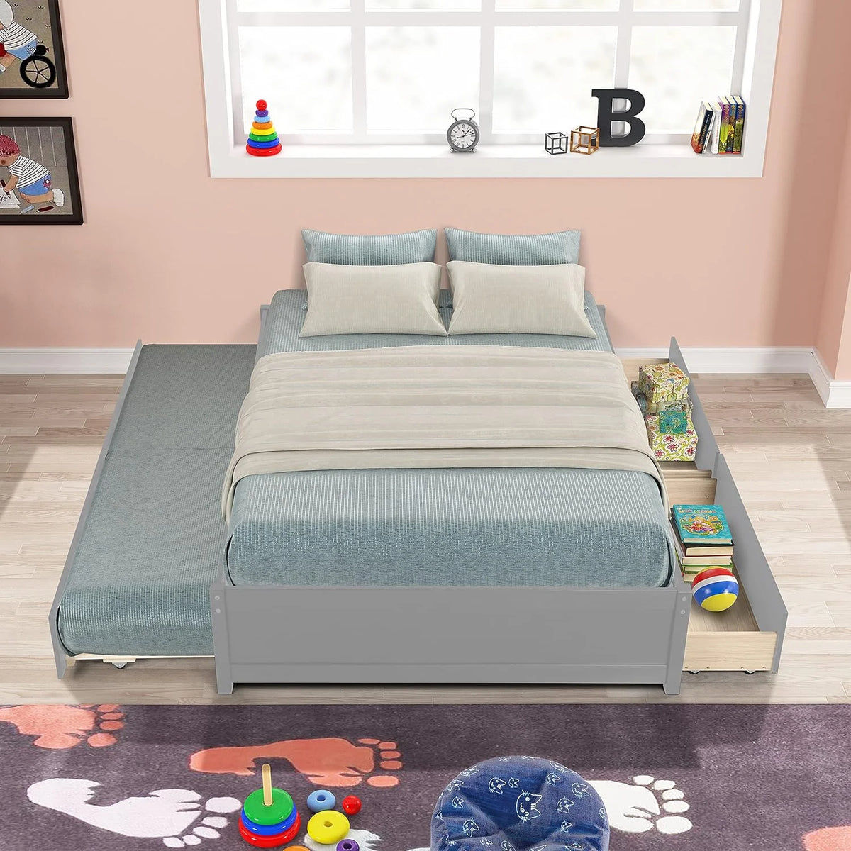 Full Size Wood Platform Bed with Trundle and 2 Drawers O587146