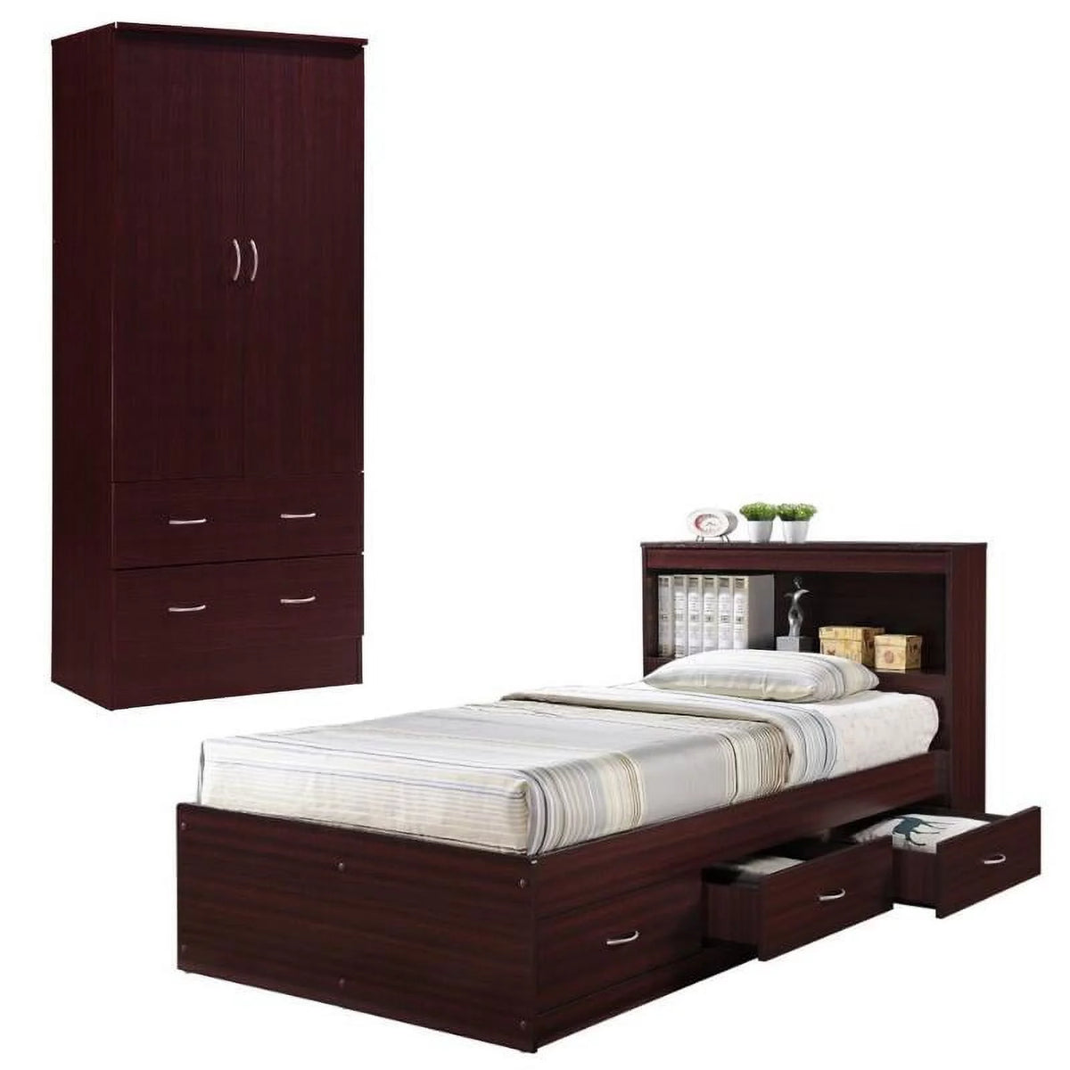 2 Piece Bedroom Set with Captain Bed and 2 Door Armoire in Mahogany L274