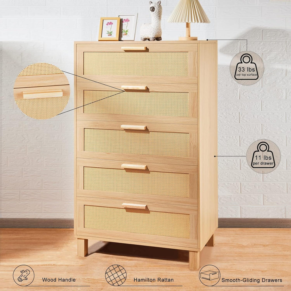 Oak 5 Drawer Rattan Dresser S91430