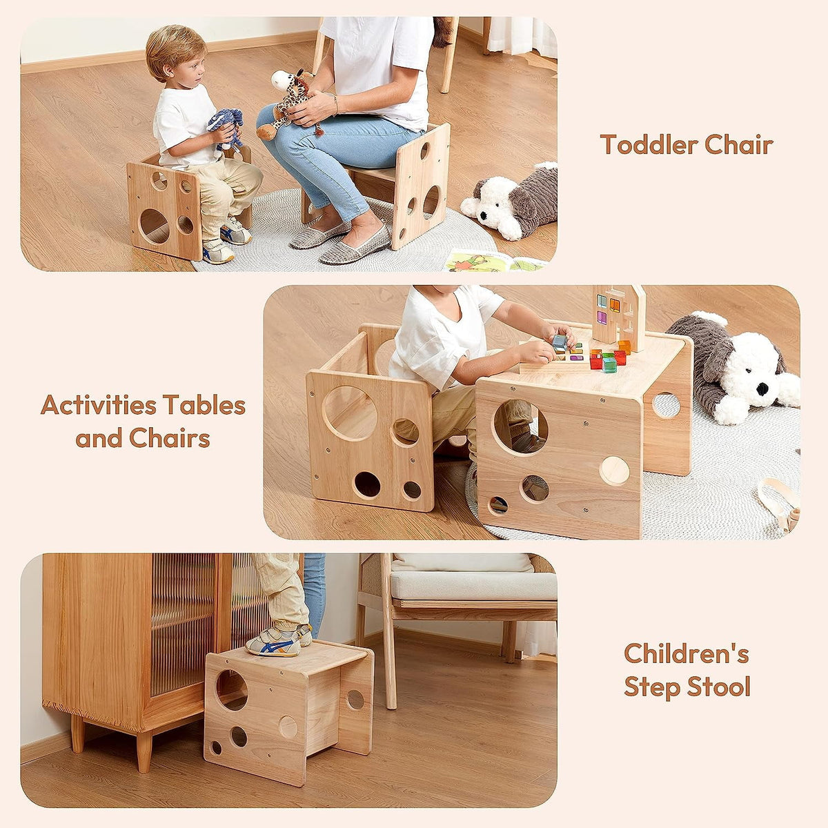 Montessori Weaning Table and Chair Set Natural Solid Wooden Kids Table Cube Chair M76995