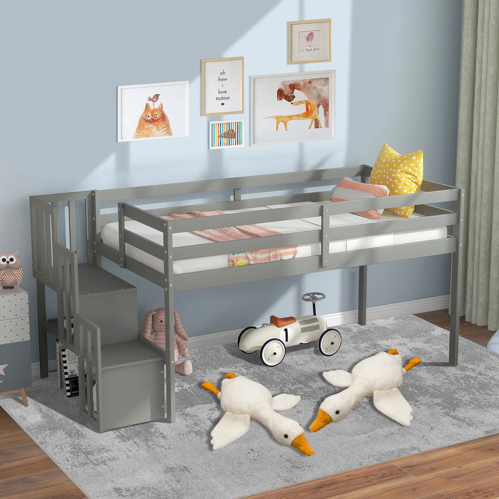 Gray Wood Low Loft Bed Frame with Storage and Stairs O217240