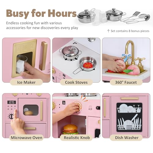 Wooden Play Kitchen Set with Sink, Microwave, Ice Maker, Dishwasher, Pink N86794