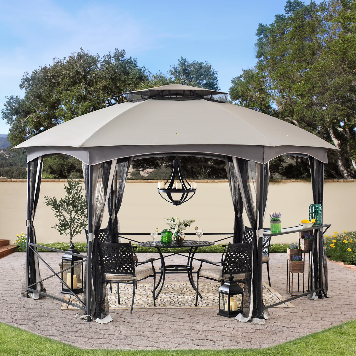 2-tone Gray Hexagon Steel Gazebo with Mosquito Netting M223590