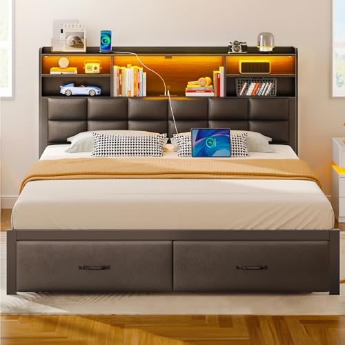 Black Full Size Upholstered Platform Bed Frame with Drawers and Storage Headboard F6221