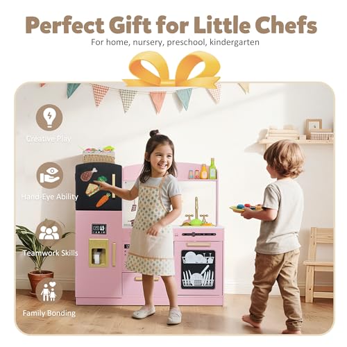 Wooden Play Kitchen Set with Sink, Microwave, Ice Maker, Dishwasher, Pink N86794