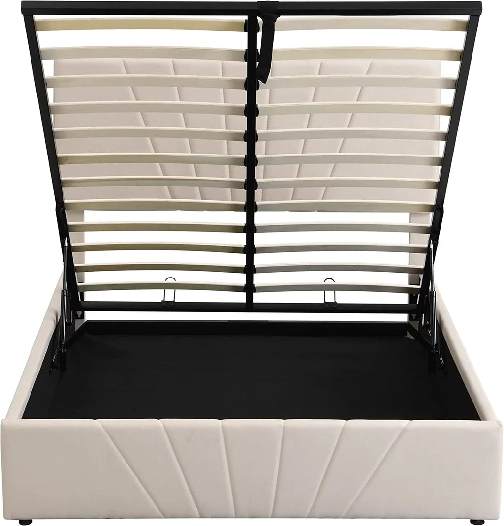 Beige Full Size Upholstered Platform Bed with Headboard and Storage R12768