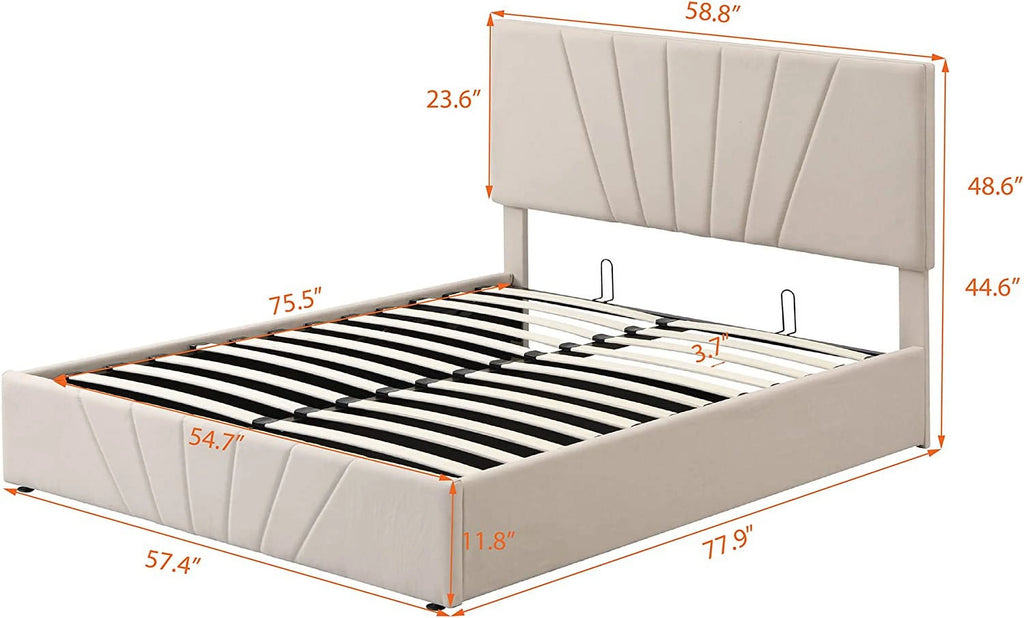 Beige Full Size Upholstered Platform Bed with Headboard and Storage R12768