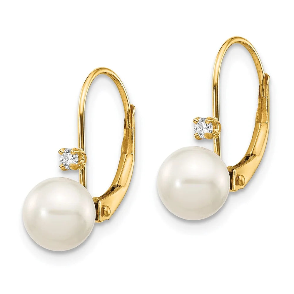 14kt Yellow Gold FW Cultured Pearl Diamond Leverback Earrings L98064
