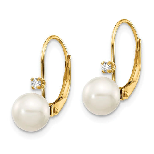 14kt Yellow Gold FW Cultured Pearl Diamond Leverback Earrings L98064