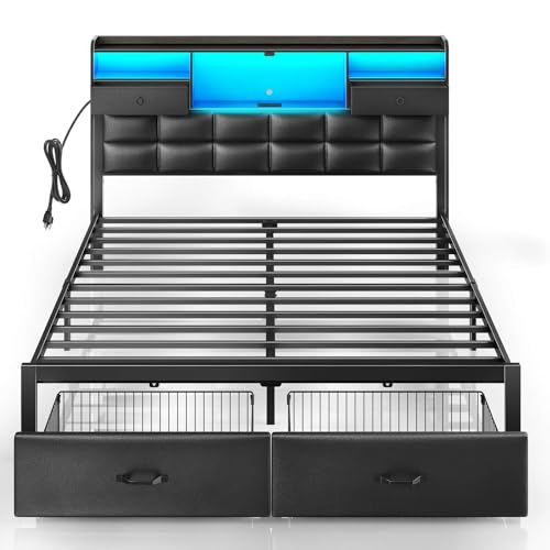 Black Full Size Upholstered Platform Bed Frame with Drawers and Storage Headboard F6221