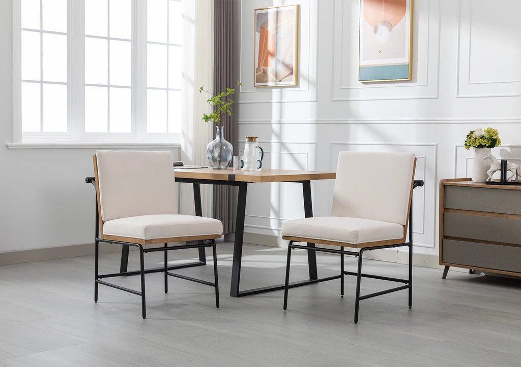 White Linen Upholstered Dining Chair Set of 2 with Metal Legs Q103