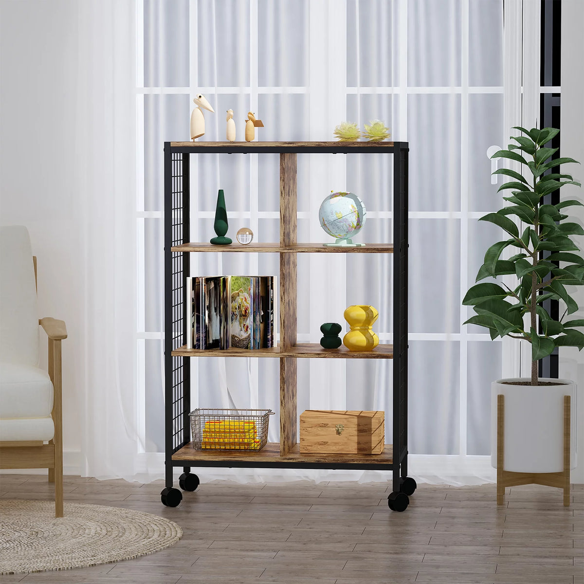 Wood Metal Movable Bookshelf Storage Rack with Wheels P549663