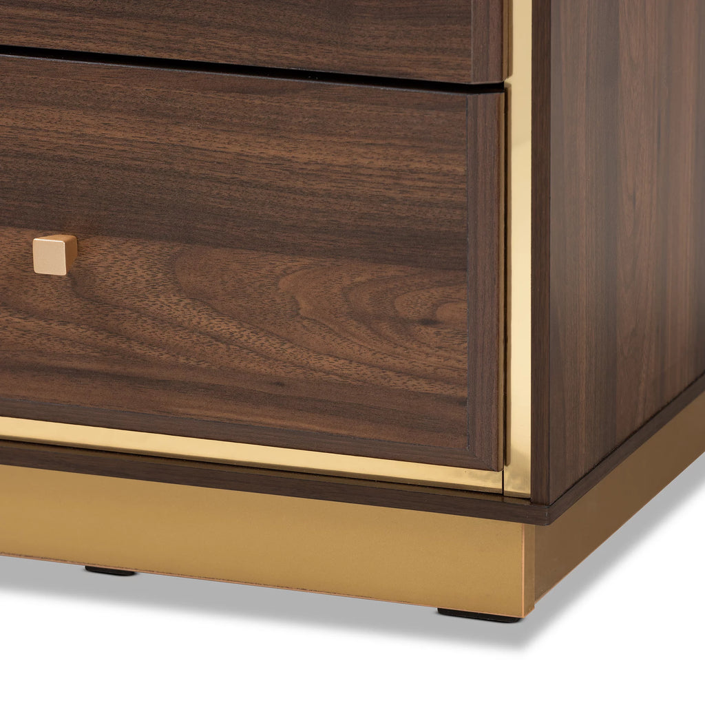 Walnut Brown Wood and Gold Metal 2-Drawer Nightstand H3402