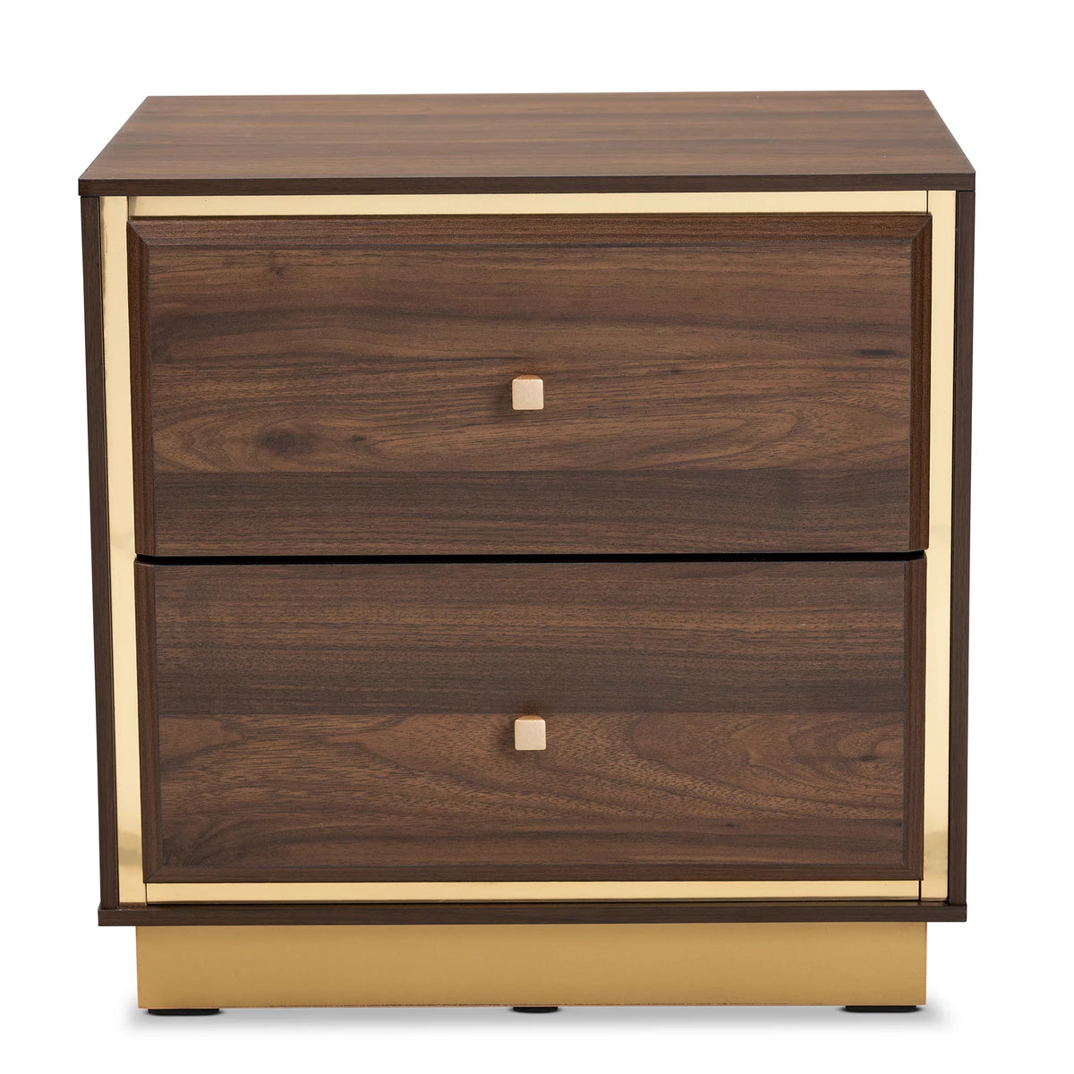 Walnut Brown Wood and Gold Metal 2-Drawer Nightstand H3402
