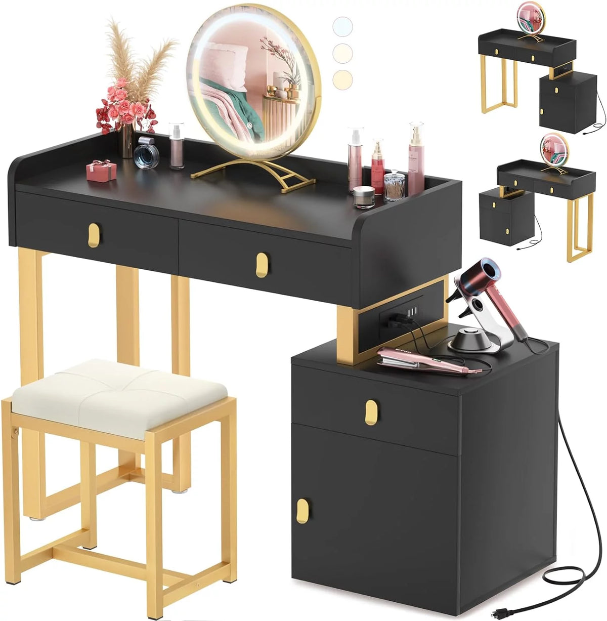 Black Vanity Desk with Lighted Mirror and Chair H2609
