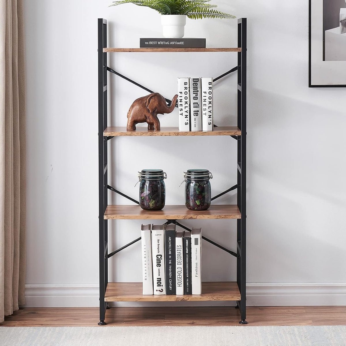 Vintage Brown 4 Tier Wood Bookshelf with Metal Frame X131