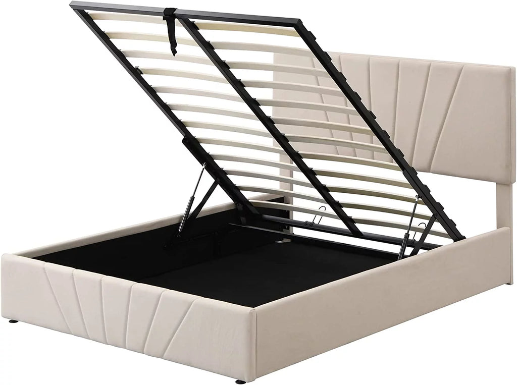 Beige Full Size Upholstered Platform Bed with Headboard and Storage R12768